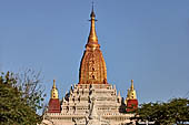 Ananda temple Bagan, Myanmar. Upper terraces and central sikhara with the umbrella-like finial called 'hti',  